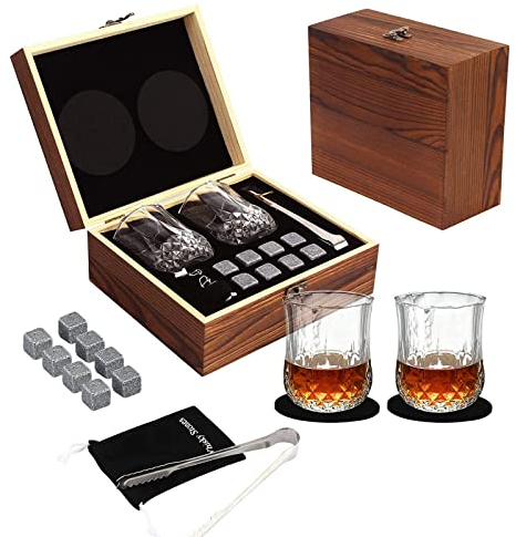 Juego de Regalo de Vaso de Whisky para Hombres con Caja, Set de Piedras de Whisky de Borbón con 8 Piedras de Vino de Granito Reutilizables, 2 Vasos de Whisky para Papá, Esposo, Aniversario de Bodas