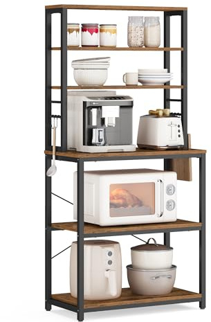 VASAGLE Coffee Bar, 23.6 Inches Baker's Rack for Kitchen with Storage, 6-Tier Kitchen Shelves with 6 Hooks, Microwave Stand, Industrial, Rustic Brown and Ink Black UKKS024B01