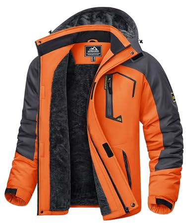 KEFITEVD Warm Waterproof Ski Jacket for Men Thermal Fleece Jackets for Winter Windbreaker with Detachable Hood,Orange Grey,L