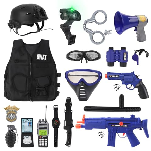 deAO Disfraz de Policía para Niños con Chaleco Táctico, Esposas, Casco y Walkie Talkie, Juego de rol de Equipo SWAT Infantil, Disfraz de Halloween y Fiesta para Niños