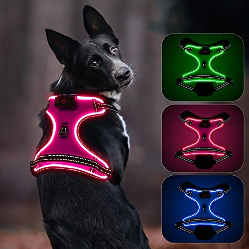 Leuchtendes Hundegeschirr, Colaseeme Anti Zug Hundegeschirr mit Reflexstreifen und Kontrolle Verstellbar Geschirr, LED Hundegeschirr Wieder, aufladbares Beleuchtetes Hundegeschirr, Rosa XS