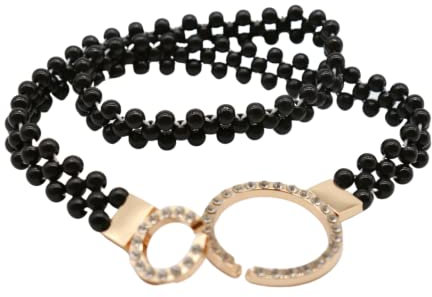 Damengürtel mit schwarzen Perlen – Hüfte, hohe Taille, elastisch, schmaler Bund, goldfarbene Schnalle, Größe S, M, L, Schwarz/goldfarben, Einheitsgröße