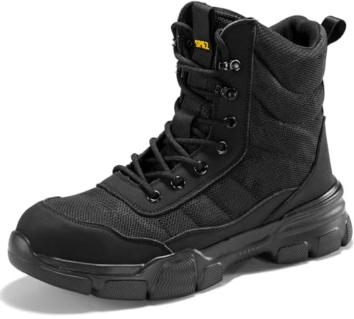 SPIEZ Men’s Steel Toe Cap Safety Boots Lightweight Puncture Proof Work Trainers with Side-Zipper, Slip-Resistant Sole, Black High Top Protective Footwear(UK Size 8.5, Black