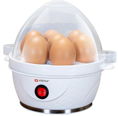 Alpina - Olla de huevos eléctrica - Olla de huevos para 7 huevos - Incl. Vaso dosificador, soporte para huevos y huevos, 230 V, 320 – 380 W, señal de advertencia, antideslizante