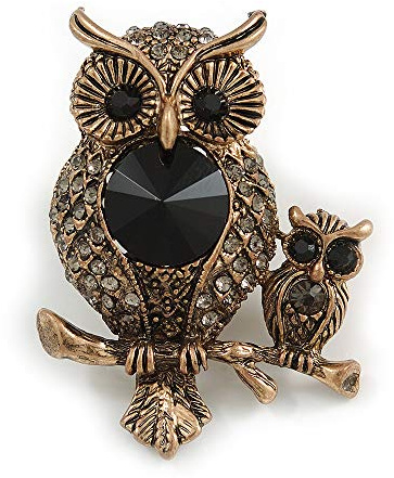 Broche vintage en forme de hibou avec cristaux - Doré antique - 50 mm de haut, taille unique, Pas de type de métal, diamante