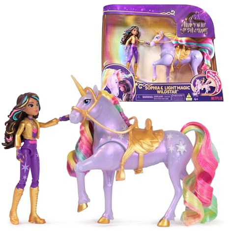 Unicorn Academy Set - Sophia und Licht-Magie Wildstar mit echter Mähne und Schweif sowie magischer Leuchtfunktion, ca. 12 cm große Originalfiguren zur beliebten Netflix Serie, für Kinder ab 4 Jahren
