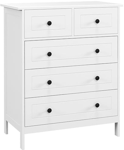 HOMCOM Commode Blanche à 5 tiroirs, Meuble de Rangement pour Chambre, Bureau, entrée, Style comtemporain, poignée en métal, 74 x 40 x 91 cm