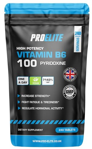 Vitamin B6 100mg - 240 Vegan Tablets 7000% Nrv Dose High Strength | B6 Vitamins Contributes to Healthy Metabolism, Reduction of Tiredness, Normal Immune & Nervous System Function by PROELITE