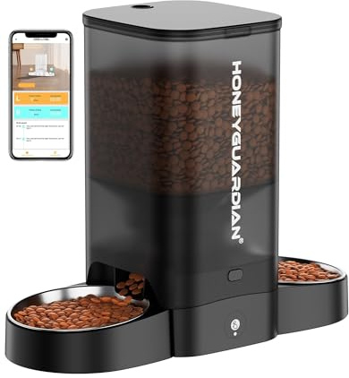 honeyguaridan 5L Distributeur Croquettes Chat Automatique 2 Bols opposés avec Detecteur Mouvement, 2.4G WiFi Distributeur Croquettes Chat Connecté, Nourrir à Distance pour Chats/Chiens