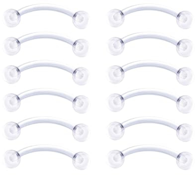 12PCS Clear Lip Nose Eyebrow Piercing Retainers 16G 8/10mm Plastic Lip Septum Eyebrow Belly Bars Retainers Flexible Curved Barbell Piercing Jewellery for Men and Women