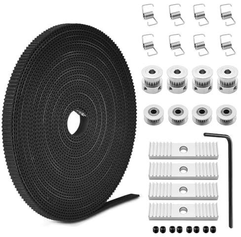 iMetrx 5M GT2 Timing Belt 6mm+GT2 20 Teeth Timing Pulley Wheel 5mm silver*4+20-5-6 idler pulley silver*4+Synchronous belt fixing piece width 6mm*4+Synchronous belt pressure belt strong spring*8