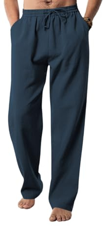 EndoraDore Pantalon de yoga décontracté en lin et coton pour homme, coupe décontractée, couleurs unies, taille élastique avec cordon de serrage, bleu marine, M