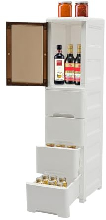 Armario de baño de 5 niveles 10 kg*5 armario de almacenamiento independiente con 4 cajones 1 puerta Armario de Baño Alto 25*38 *107 cm mueble de baños impermeable para cocina, sala de estar, Blanco