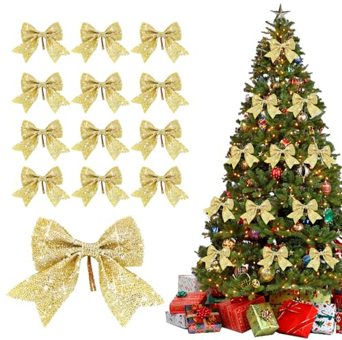 FePen Lazos Arbol Navidad, 12 Piezas Adornos Arbol Navidad, Lazos Navidad Purpurina, Adornos Navidad Arbol, para Decorar Familiares Fiestas, Fiestas Navideñas, Bodas (Oro)