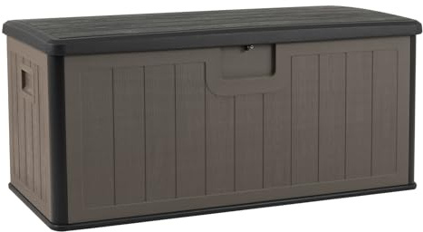 GiantexUK 380L Garden Storage Box, Waterproof Resin Deck Boxes with Lockable Sit-on Lid, Gas Strut & Handles, Wood Effect Outdoor Utility Chest Container for Patio Cushion Gardening Tool (Brown+Black)