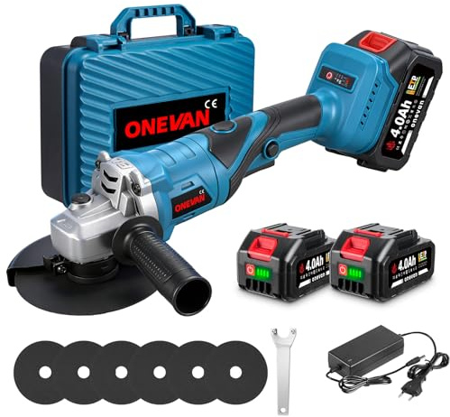 ONEVAN 5025 - Amoladora angular con batería, sin escobillas, 125 mm, cabezal giratorio de 180°, 3 niveles de velocidad, 0-18000 rpm, indicador de batería LED, 2 baterías de 4,0 Ah y cargador