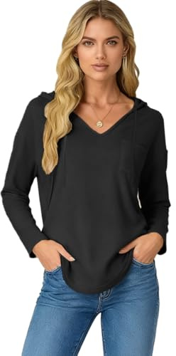 Sudaderas con Capucha para Mujer Ropa Cuello V Camisetas Deportiva Manga Larga Sweatshirt Chaqueta Casual Básico Otoño Holgada y Cómoda Negro L