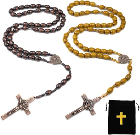 YEVON 2PCS Rosary Beads for Women Men - Wooden Catholic Prayer Beads with Cross Crucifix, 60cm Necklace with Storage Bag for Meditation, Bible, Communion and Daily Wear