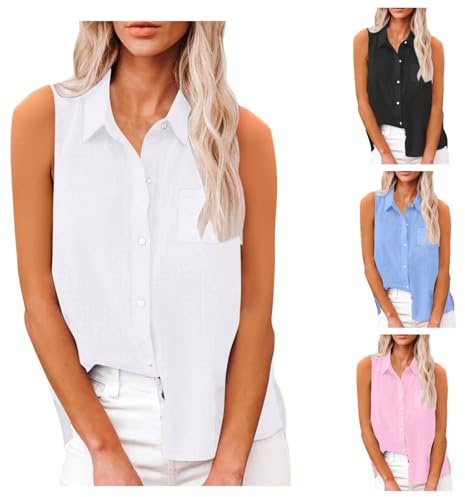 Chemise Femme, Été Casual Femmes Coton et Lin Revers sans Manches Gilet Oversize Travail Gilet Blouse, Vetement Femme Chic, Chemise, Tee Shirt, Chemisier, t-Shirt, Chemise Blanche Femme Manche été