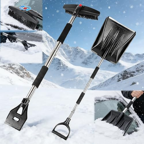 FainFun Rascador de Hielo para Coche con Escoba, 3 en 1 Retráctil Rascador de Parabrisas, Escoba de Mano para Coche y Nieve, Cabezal Giratorio de 360 Grados, Pala de Nieve, Accesorio de Invierno