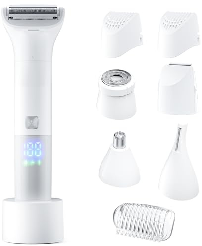 Lady Shavers for Women, 5-in-1 Facial Hair Remover, Bikini Trimmer Women with LED Battery Display, Wet & Dry Electric Razor,120min Use, for Underarm Legs, USB Charging Station, IPX7