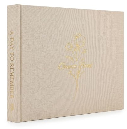 Wedding Guest Book, Linen Hardcover Polaroid Guest Book with Gold Foil, 100 Blank Pages, Lay Flat Design for Wedding Reception, Bridal Shower, Anniversary, Rustic Keepsake (White)