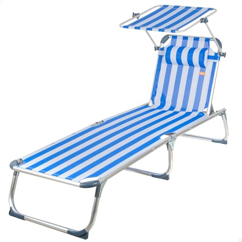 AKTIVE Hamaca Playa Plegable, Azul Rayas, 186x49x30 cm, 5 Posiciones, Topes antivuelco, Parasol, Cojín, Soporta 110 kg, Estructura Aluminio, Tumbona terraza Exterior, Hamacas jardín (62475)
