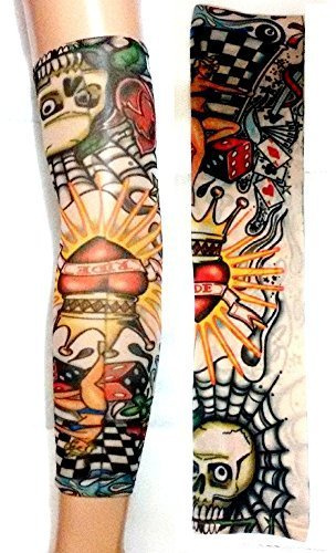 W08 - 54 - Manicotto Tattoo - Manica - Tatuaggio Finto - Immagine - Cuore - Corona - Dadi - Donna - Teschio - Carte da gioco - Scritta - Tatoo - Mezza Manica - Tribale