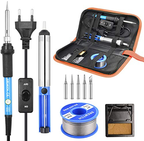 Fer à Souder Kit, SREMTCH 60W Kit de Soudure Electrique avec Interrupteur On/Off, Temperature Réglable de 200~450℃, 5 Pointe de Soudage, Fil de Soudure, Pompe à Dessouder, Support et Pochette en Tissu