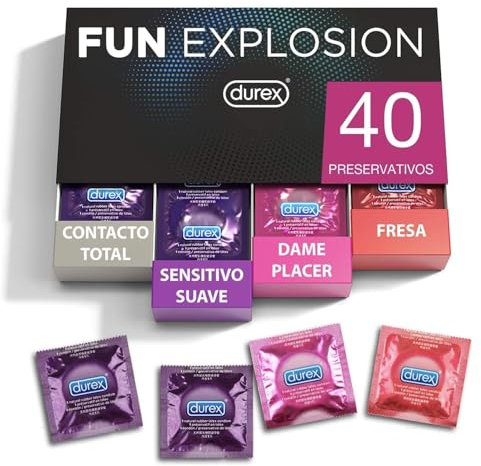 Durex Fun Explosion Mix di Preservativi Sottili, Con Rilievi e Nervature e Aromatizzati, 40 Profilattici, Esclusiva Online