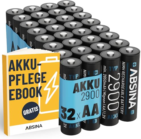 ABSINA Akku AA wiederaufladbar 2900 32er Pack - NiMH AA Akku mit 1,2V & min. 2650mAh - Aufladbare Batterien AA für Geräte mit hohem Stromverbrauch - Akkus AA für Blitzgerät, Wii & Xbox Controller