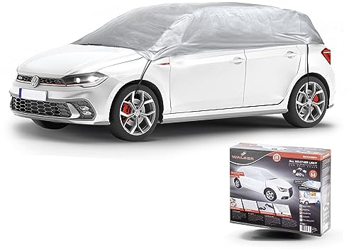 WALSER Autoabdeckung All Weather Light Halbgarage Größe M hellgrau, wasserdichte Halbgarage, Staubdicht mit UV Schutz, verstärkte Gurtbefestigung