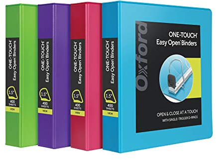 Oxford 1.5 Inch Binders, 4 Pack, 3 Ring Binder, ONE-Touch Easy Open D-Rings, Holds 375 Sheets, Non-Stick, PVC-Free, Three Ring Binders for Organization and Presentations, Assorted Colors