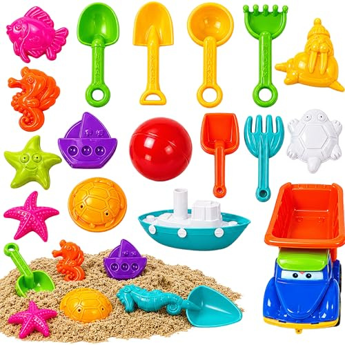 MUNTRADE Pack Juguetes de Playa 17 Piezas para Niños | Set Completo con Camión, Barco, Pelota, Pala, Rastrillo y Moldes de Arena | Kit Infantil para Playa, Jardín, Piscina y Arenero