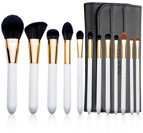 ENZO KEN Set di Pennelli da Trucco per Capelli Neri Naturali di Capra Professionale, Extra Morbidi, Set di Pennelli per Ombretti Luxe con Borse arrotolabile, 12 Pezzi Beauty Basic Set e Kit