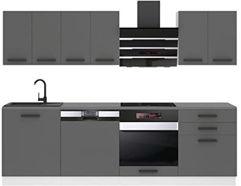 Belini Küchenzeile Küchenblock Susan - Küchenmöbel 240 cm Einbauküche Vollausstattung ohne Elektrogeräten mit Hängeschränke und Unterschränke, ohne Arbeitsplatten, Silber matt