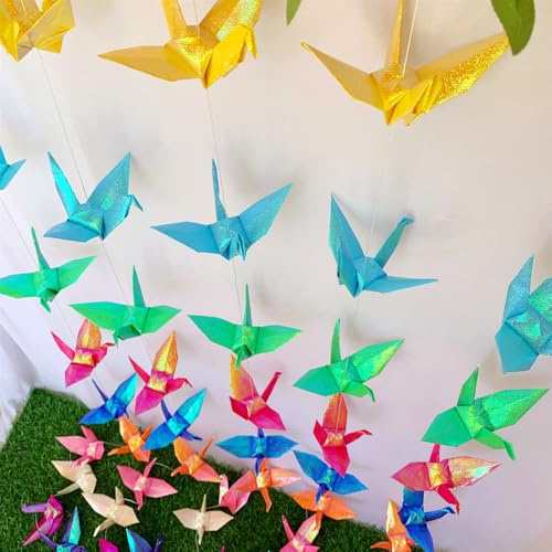 Large Colorful Paper Crane Hanging Garlands (5.3ft X3strings), Twinkle Premade Folded Handmade Origami Birds Streamers for Wedding Bridal Shower Baby Shower, Birthday Party Supplies