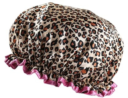 Rumyve Premium Reusable Waterproof Shower Cap, Elastic, Double Layer, Women's Hair Care (Leopard Red Border)