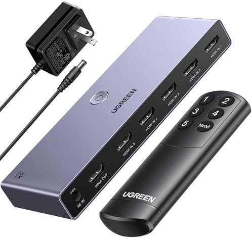 UGREEN Switch HDMI 8K 60Hz 5 Entrées 1 Sortie Commutateur HDMI 3D HDR10 VRR avec Télécommande Compatible avec PS5 PS4 Switch 2 Xbox One 360 TV Stick Box Chromecast Lecteur Blu Ray HDTV Projecteur