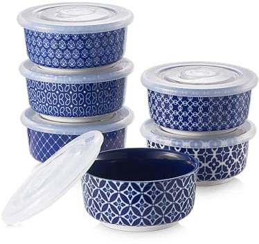 DOWAN Ramekins with Lids, 4 OZ Porcelain Ramekin Dishes for Creme Brulee Soufflé, Egg Mould, Muffin Cases, Mini Dip Bowl, Baking Bowl for Oven & Air Fryer, Vintage Blue, Pack of 6