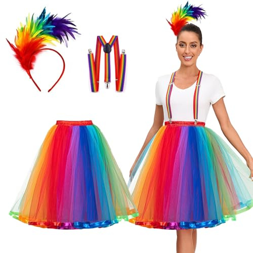 DAZZTIME Femme Ballet Tutu Tulle Jupes,Jupes en Tulle Arc-en-Ciel,avec Bandeau à Plumes Colorées,Sangle,Jupon Court en Tutu Femme,pour Festivals,Fêtes,Carnavals,Halloween Costumes