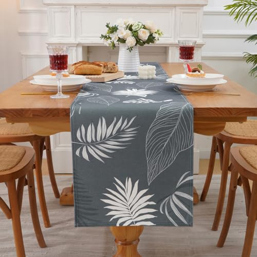 Alishomtll Grau Leinen Tischläufer Tropische Blätter Tischläufer Rechteckig Modern Boho Platzdeckchen Läufer rutschfest Hitzebeständig Tischtuch für Esstisch Party Küche Bankett 183x35cm