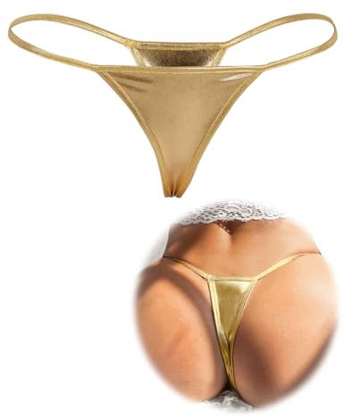 ohyeahlady Damen Micro Bikini Sexy Mini String Tanga Kunstleder Erotisch G-String Thongs Große Größen T-Back Unterwäsche Niedrige Taille Unterhosen Swimwear Beach Panty Plus Size Gold,S