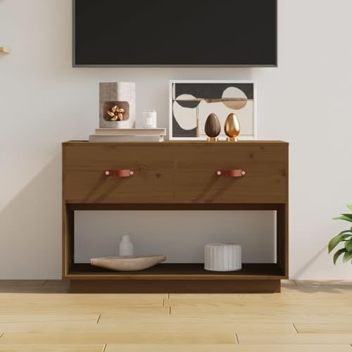Gecheer TV-skåp, TV-bänk för vardagsrum, TV-bord, TV-bänk massivt furuträ honungsbrun 90 x 40 x 60 cm