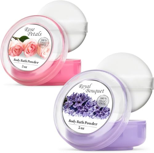 R-NEU 2 Pack Body Powder for Women with Powder Puff, 100% Talc-Free, Elegant Rose Petal & Royal Bouquet Scented Dusting Powder, After Bath for Soft Skin, Extra Large, (2 Pack, 5 Oz Each)