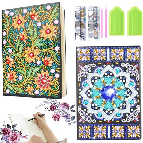 Carnet de Note Peinture Diamant, 2 Pièces Broderie Diamant Mandala Carnet A5, Carnet Croquis Cuir Peinture Strass 5D, Mandala Diamant Peinture A5 Carnet, Diamant Carnet pour Enfants Age 6+ Ans