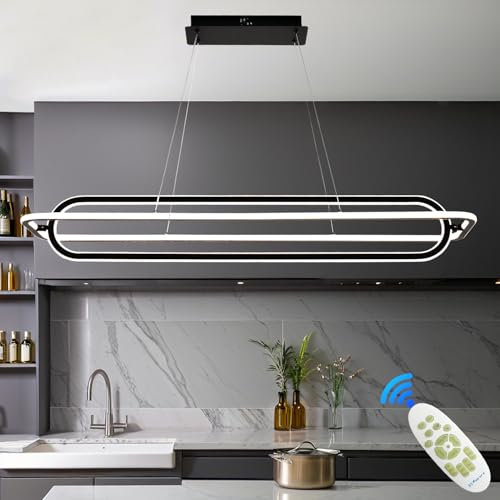 TJSC LED Pendelleuchte Esstisch, 122W Dimmbar Hängeleuchte mit Fernbedienung, 360° Drehbare Hängelampe, Doppelschleifen-Design, Pendellampe Hängend Höhenverstellbar, Schwarz, 100CM