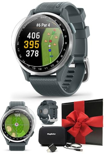 Garmin Approach S44 (Silver/Twilight) Golf GPS Smartwatch Gift Box Bundle - 1.2 AMOLED Display, On-Course Features & 15H Battery Life with PlayBetter Screen Protectors, Wall Adapter & Hard Case