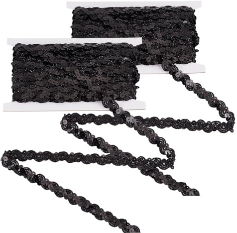 Letsinstyle 2 pz 5 iarde 0.59 pollici di Nastro Elastico con Paillettes, Bordatura Elasticizzata con Paillettes, Passamaneria Decorativa Nera per Artigianato, Cucito, Vestiti