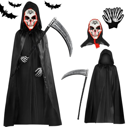 Simsky Sensenmann Halloween Kostüm Set, Schwarzer Umhang mit Totenkopfmaske und Handschuhen, für Erwachsene und Kinder